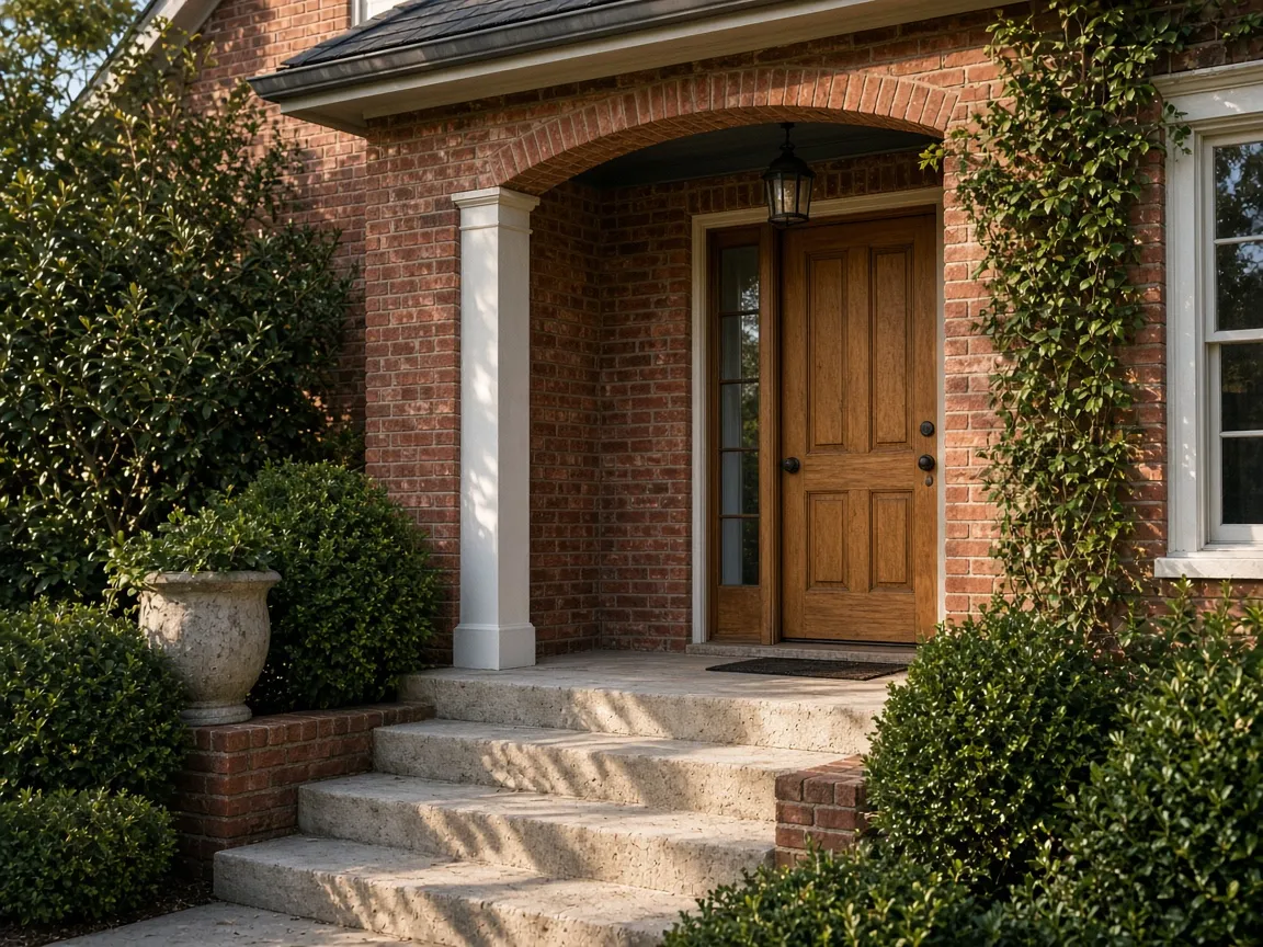 Editorial photograph of a brick house entrance with a wood door, stone steps, and a covered porch.